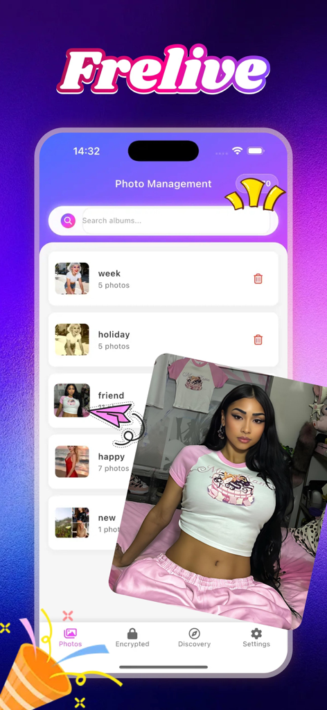 Frelive mobile app interface showing custom photo albums and secure management features