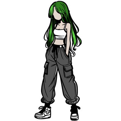 girl in baggy pants crop top and long hair
