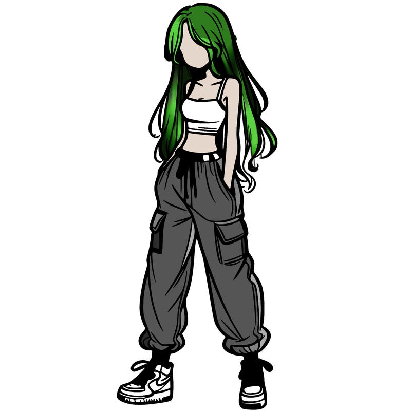 girl in baggy pants crop top and long hair