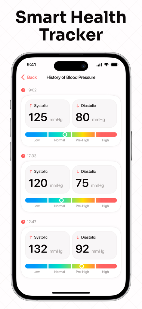 Blood Pressure. Health Tracker - Un écran d'iPhone affichant un historique des relevés de tension artérielle avec des mesures systoliques et diastoliques et des indicateurs de santé codés par couleur