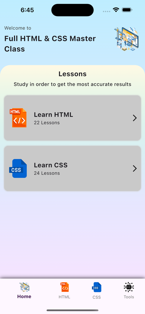 HTML & CSS For Beginners 2024 - Schermata principale dell'app masterclass HTML e CSS con moduli di apprendimento HTML e CSS