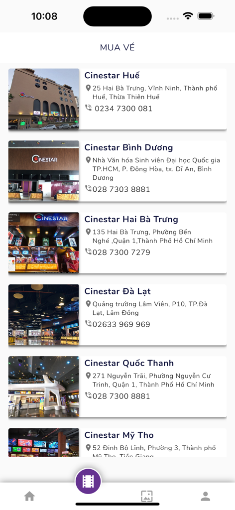 List of Cinestar cinema locations in Vietnam showing branches in Hue, Binh Duong, and Da Lat with addresses and contact numbers.