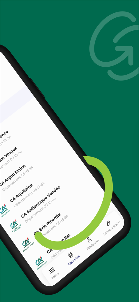 Smartphone screen displaying a list of regional Credit Agricole accounts in the EDI Advanced application.