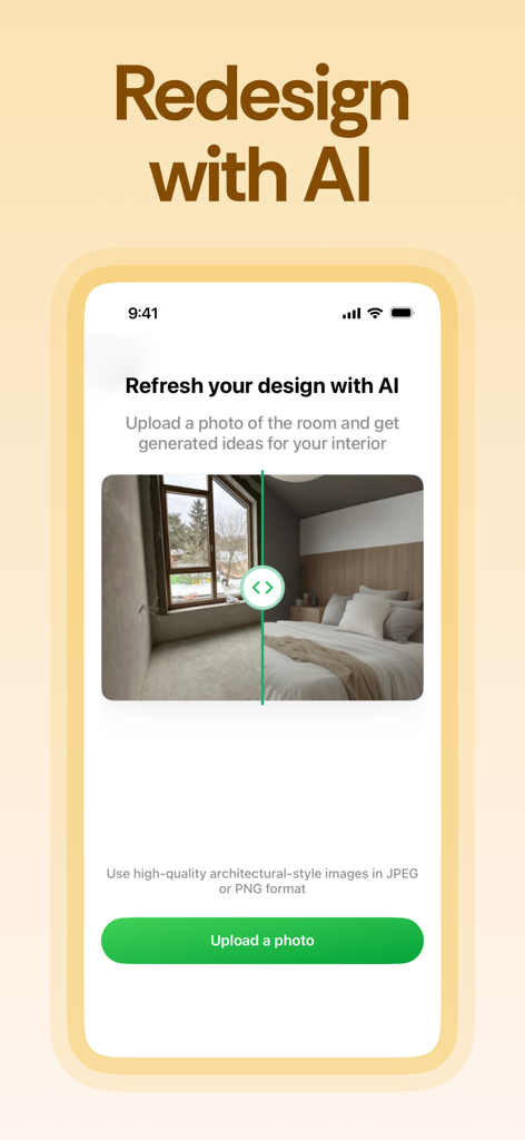 A mobile app screen showing an AI-powered room redesign feature with a before and after comparison of a bedroom