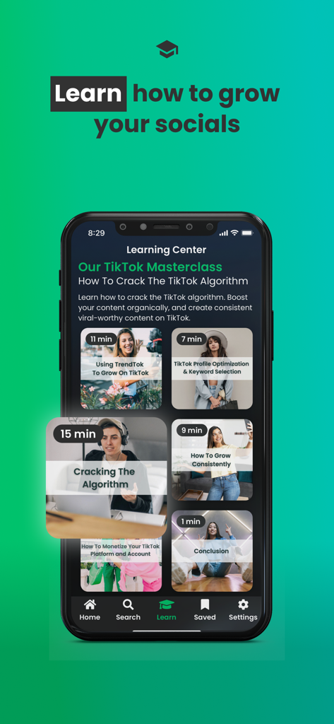 TrendTok Analytics & Tracker - Pantalla de la aplicación TrendTok que muestra el centro de aprendizaje de TikTok Masterclass con tutoriales en video para hacer crecer cuentas de redes sociales.