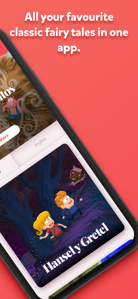 Short Stories - Cuentidubi - Cuentidubi app interface featuring illustrated classic fairy tales like Hansel and Gretel