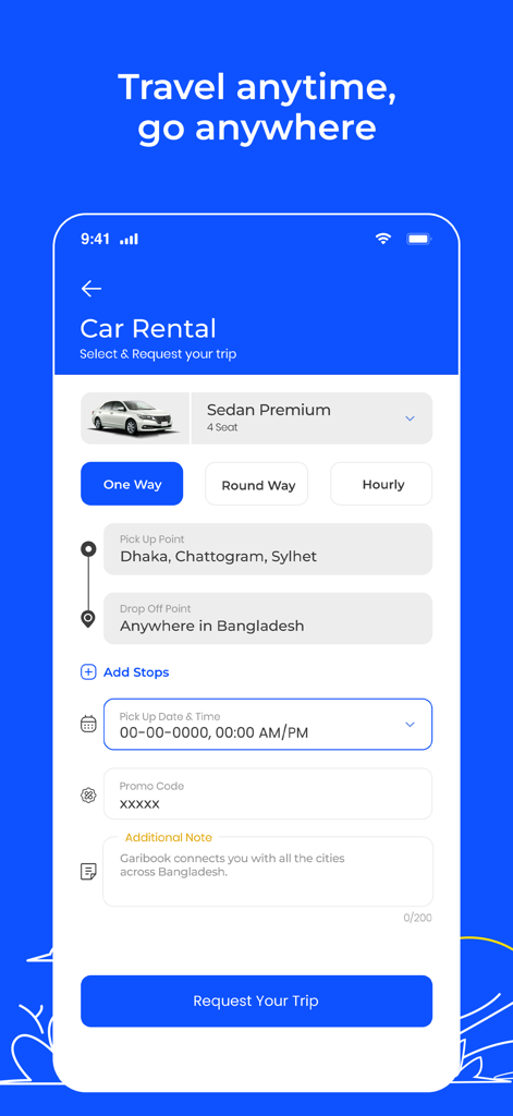 Garibook app interface for booking car rentals and intercity trips in Bangladesh