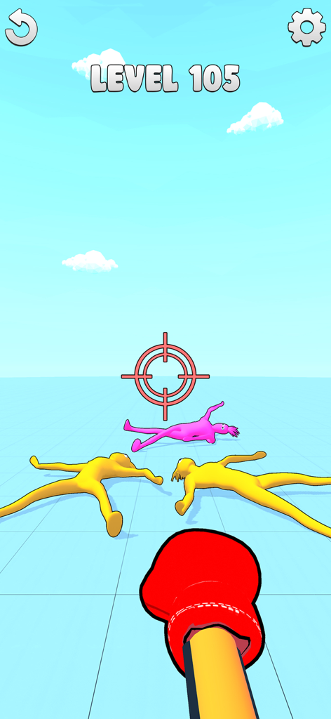 Punch Fun Punching Game - Guante de boxeo rojo en un brazo elástico apuntando a personajes de muñeco de trapo en el juego Punch Fun