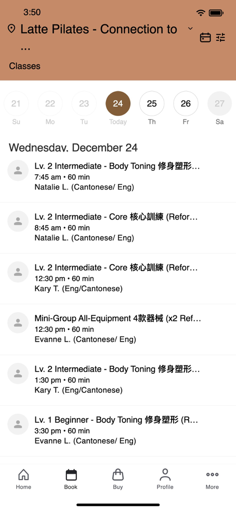 Latte Pilates HK - Mobile app screen showing a Pilates class schedule with dates and times