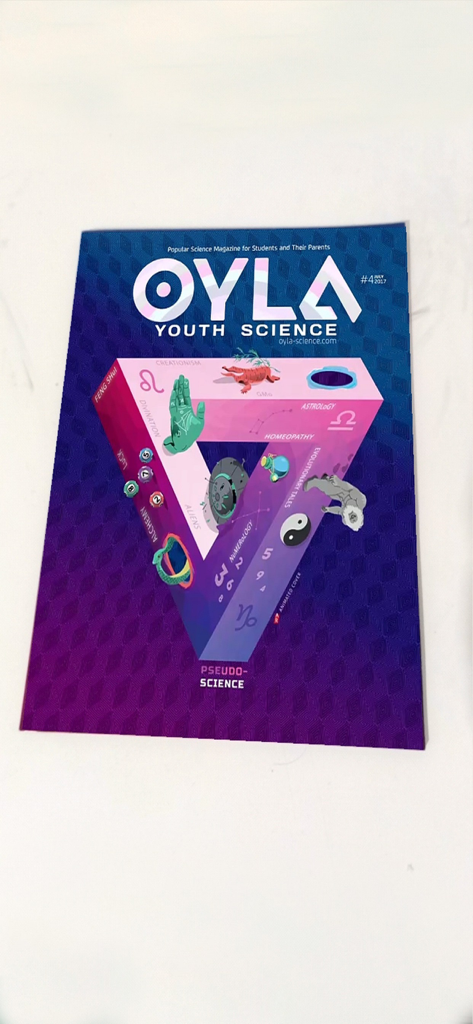 OYLA Science AR - Cover of OYLA Youth Science magazine featuring an impossible triangle illustration with icons of pseudo-science concepts