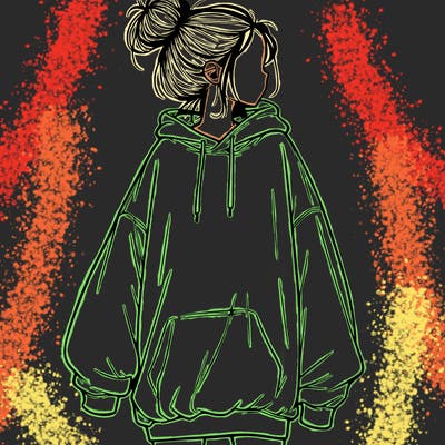 realistic girl with a oversized sweatshirt on and a bun