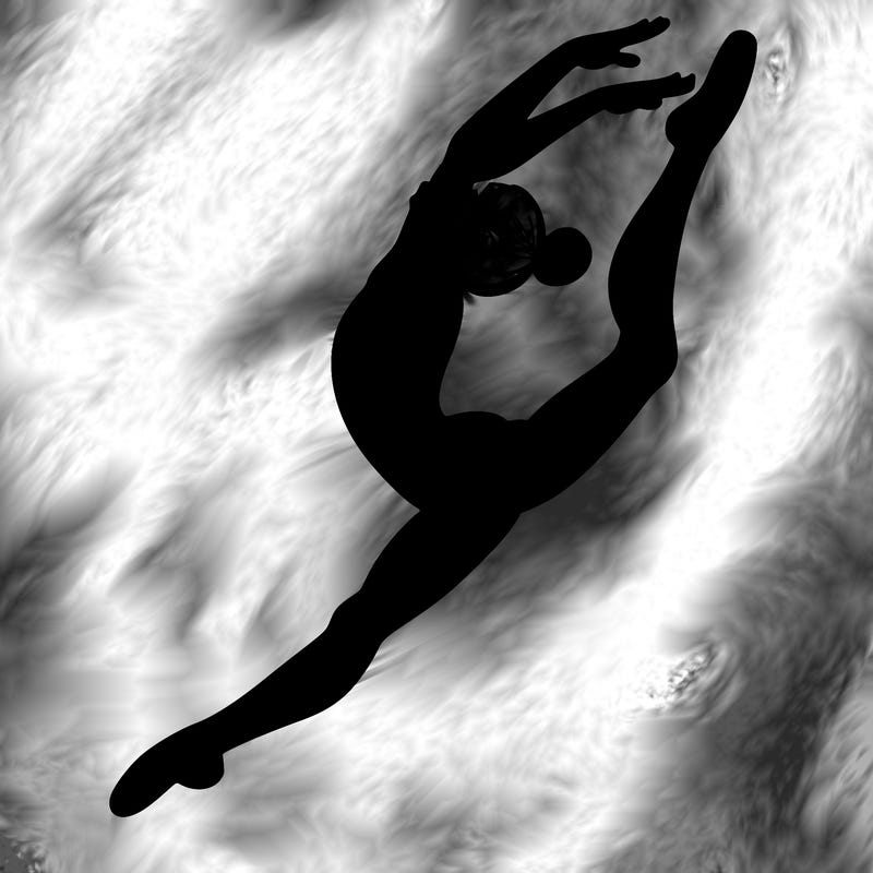 gymnast doing a leap in a leotard with a bent back leg