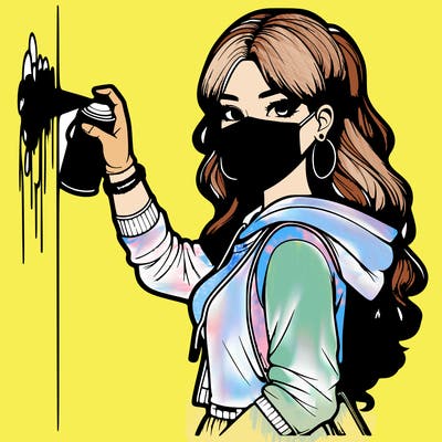 realistic girl with mask spray painting a wall