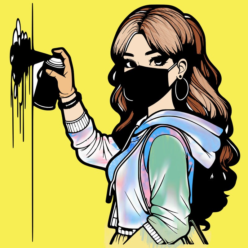 realistic girl with mask spray painting a wall