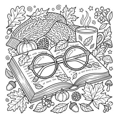 Embrace the cozy vibes of fall with this delightful coloring page featuring reading glasses resting on an open book, surrounded by autumnal treasures. It's the perfect scene to unwind and bring to life with your favorite colors.