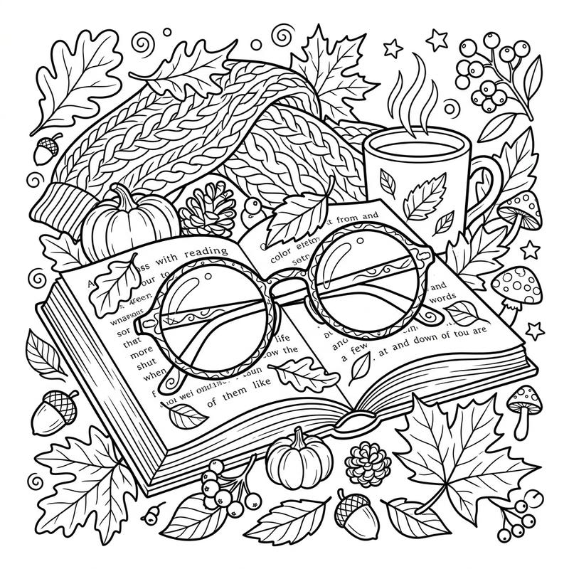 Embrace the cozy vibes of fall with this delightful coloring page featuring reading glasses resting on an open book, surrounded by autumnal treasures. It's the perfect scene to unwind and bring to life with your favorite colors.