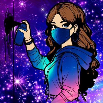 realistic girl with mask spray painting a wall