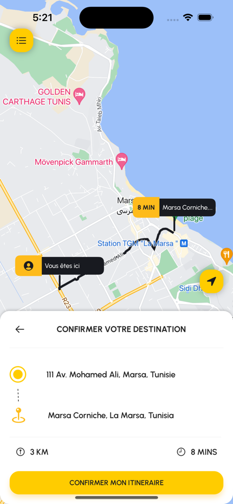 E-Wassalni - E-Wassalniアプリのスクリーン、地図と移動時間とともにチュニジアでのタクシー旅程を確認するための画面