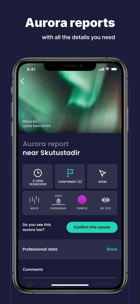 Lumyros - Screenshot of the Lumyros app showing a detailed aurora report with a photo and sighting data
