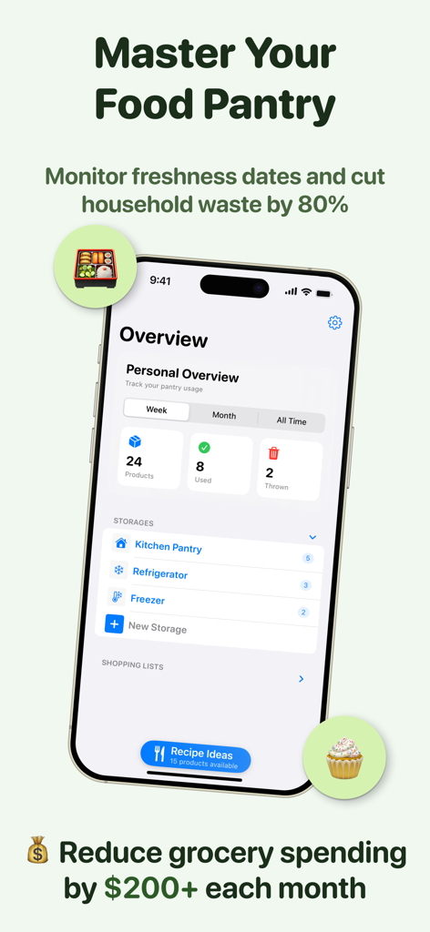 Smartphone displaying Mixova app pantry inventory and waste tracking features