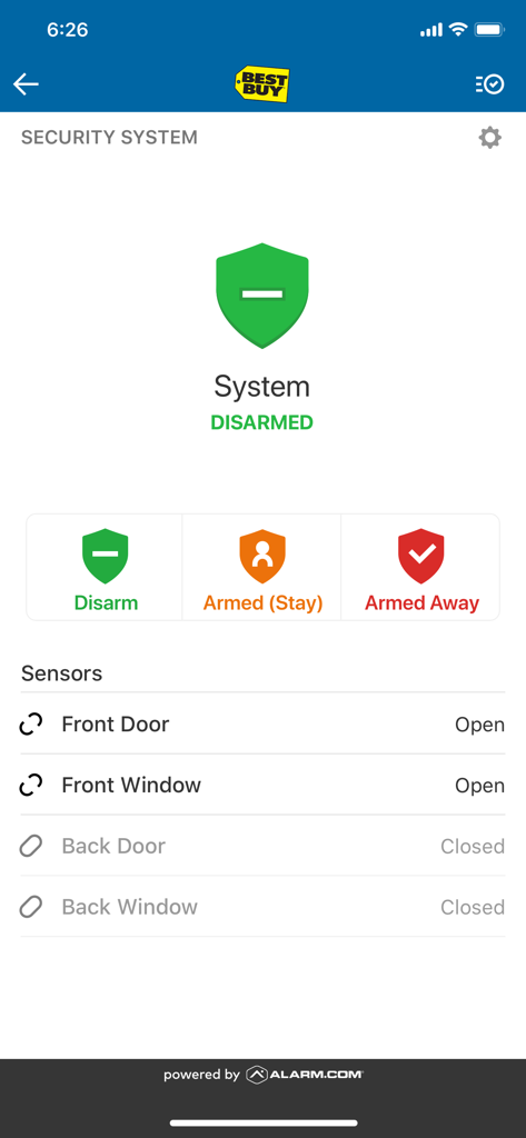 Best Buy Assured Living app security system dashboard showing disarmed status and open front door sensors