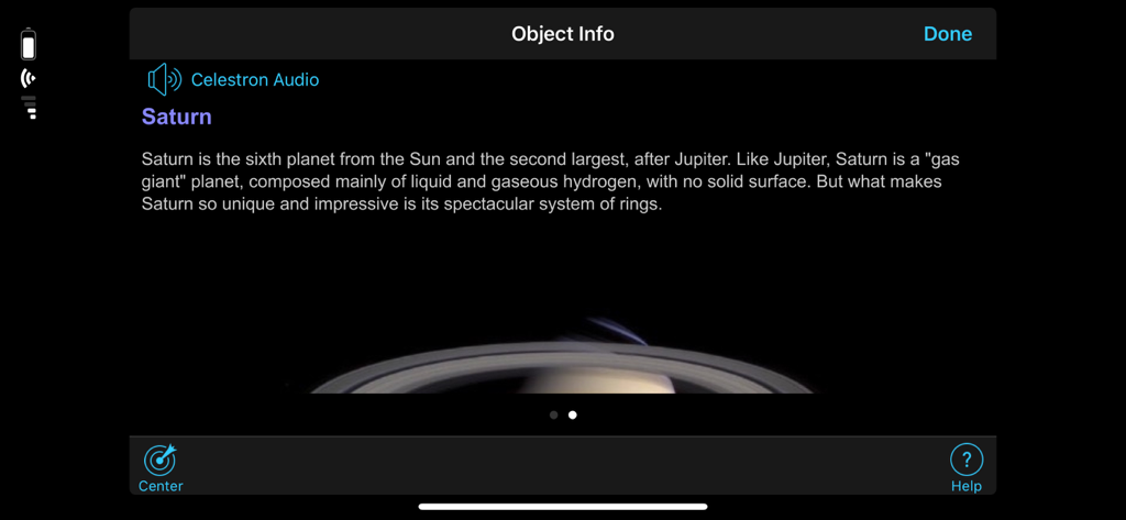 Celestron SkyPortal - Información educativa y narración de audio para Saturno en la aplicación de astronomía Celestron SkyPortal.