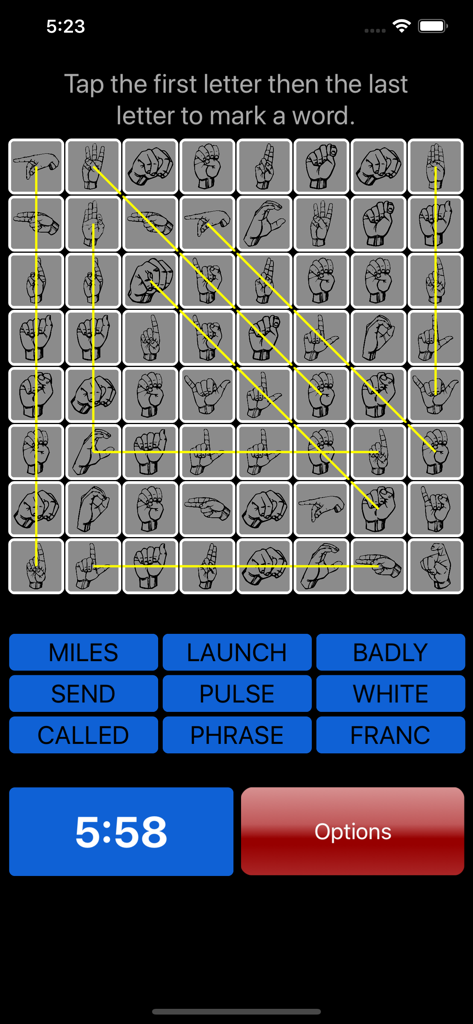 Gameplay-Screenshot von ASL-Wortsuche, der ein Raster von Handzeichensymbolen und eine Liste von Zielwörtern zeigt.