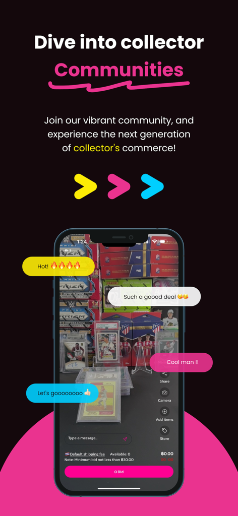 ASAPH LIVE - Pantalla de la aplicación móvil ASAPH LIVE mostrando una subasta en vivo de tarjetas deportivas con burbujas de chat activas de la comunidad