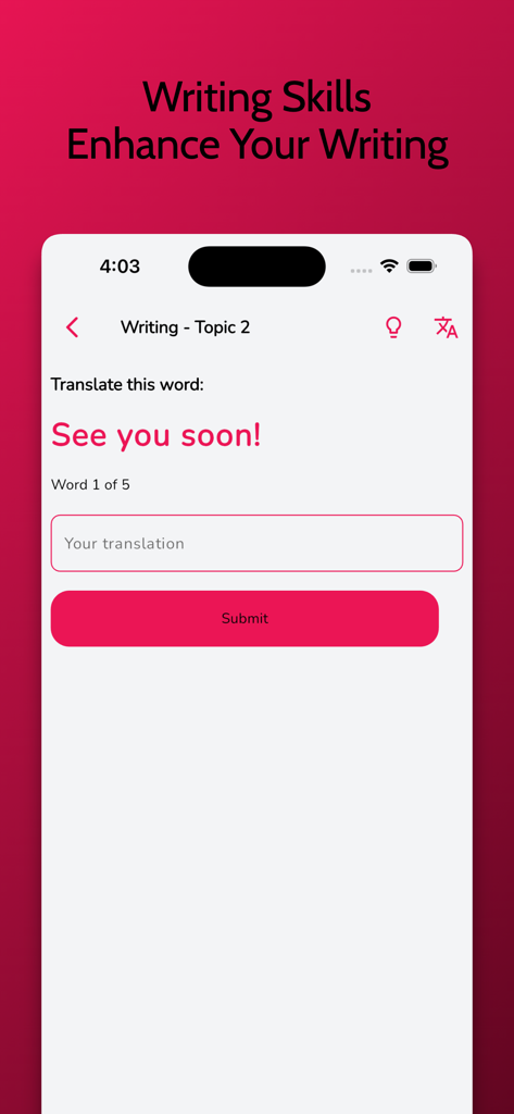 Thai language learning app writing practice screen with a translation task