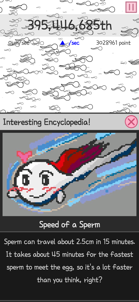 A screenshot of the Spermie Dash game showing an educational popup titled Interesting Encyclopedia with facts about sperm speed and a pixel art character.