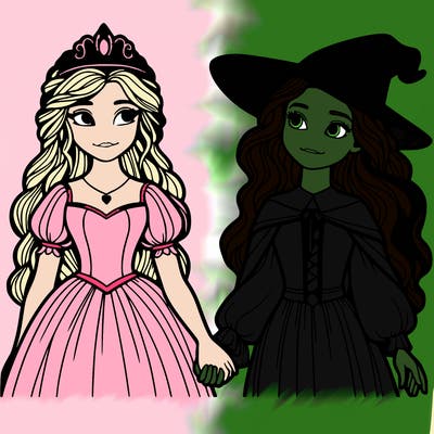 a princess and a witch holding hands realistic