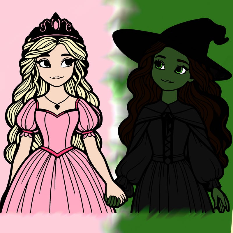 a princess and a witch holding hands realistic