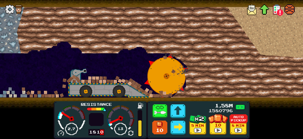 Mystery Digger - A pixel art drilling machine digging through layers of earth in the Mystery Digger idle game