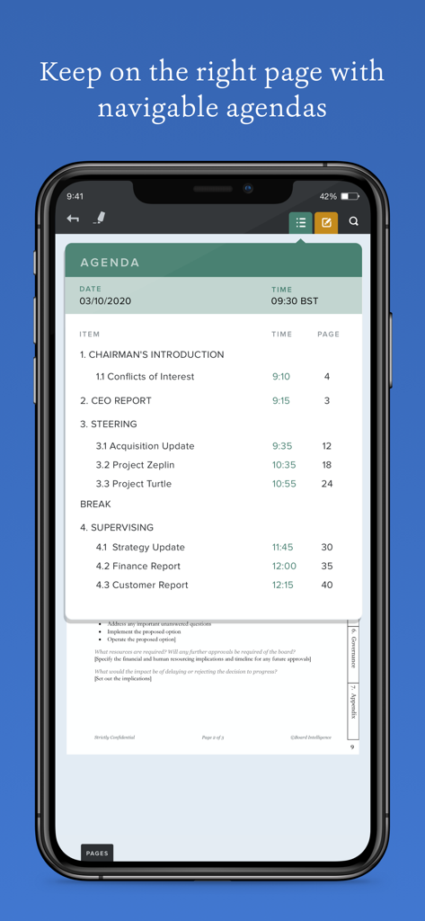 Board Intel app displaying a navigable meeting agenda for executive board meetings