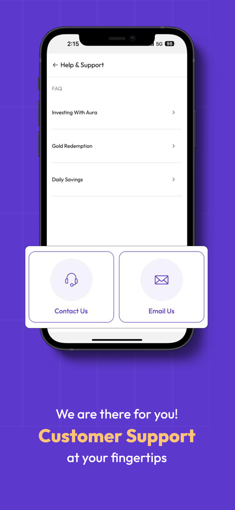 Aura - India's Gold Saving App - Interface d'aide et de support de l'application Aura montrant les catégories FAQ et les boutons pour contacter ou envoyer un e-mail au support