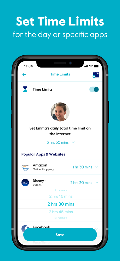 Circleペアレンタルコントロールアプリのインターフェース。AmazonやDisney Plusなどの特定のアプリの1日の時間制限を設定する設定が表示されています。