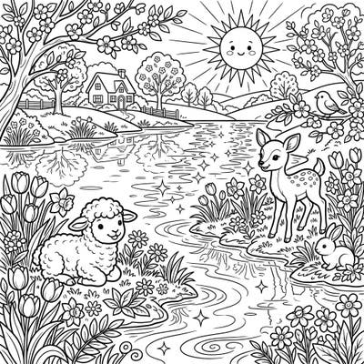Enjoy a blissful spring day with this coloring page, showcasing a smiling sun reflecting on a serene lake. Bring charming baby animals and vibrant flowers to life with your favorite hues.