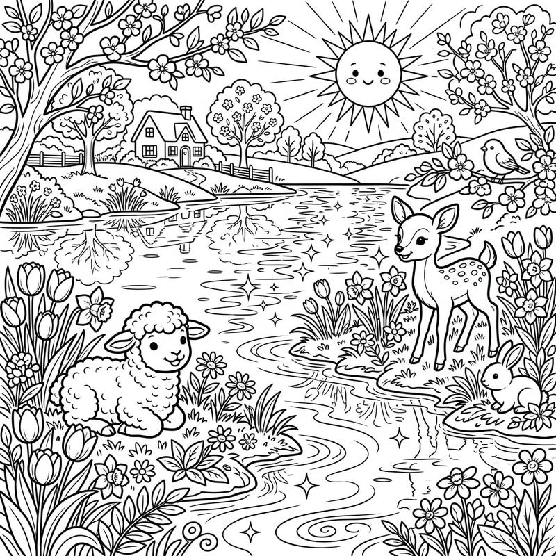 Enjoy a blissful spring day with this coloring page, showcasing a smiling sun reflecting on a serene lake. Bring charming baby animals and vibrant flowers to life with your favorite hues.