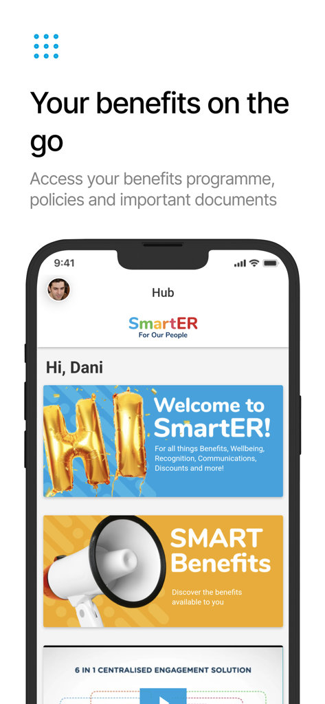 Connect+ - A smartphone screen displaying the Connect plus app interface with employee benefits and company updates