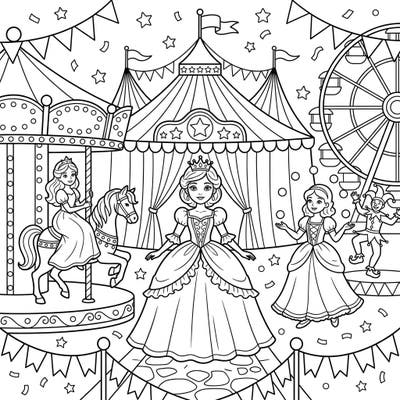 Enter a world of regal entertainment with this delightful coloring page, depicting elegant princesses enjoying a vibrant carnival. This intricate scene blends royal charm with festive fairground attractions, perfect for imaginative coloring.