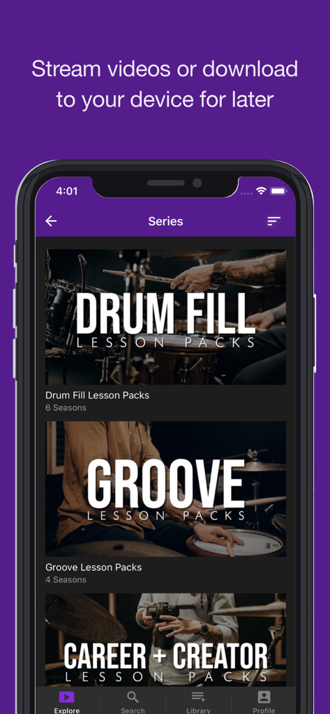 Screenshot of the OrlandoDrummer ODTV app displaying drum fill and groove lesson series on a mobile device.