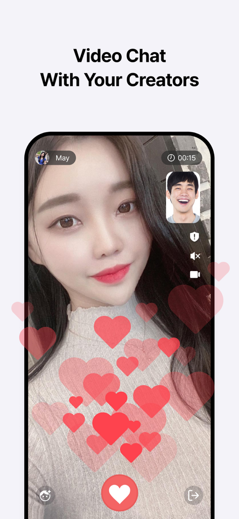 하트 애니메이션이 있는 라이키 앱에서 사용자와 크리에이터 간의 라이브 영상 통화를 보여주는 모바일 화면