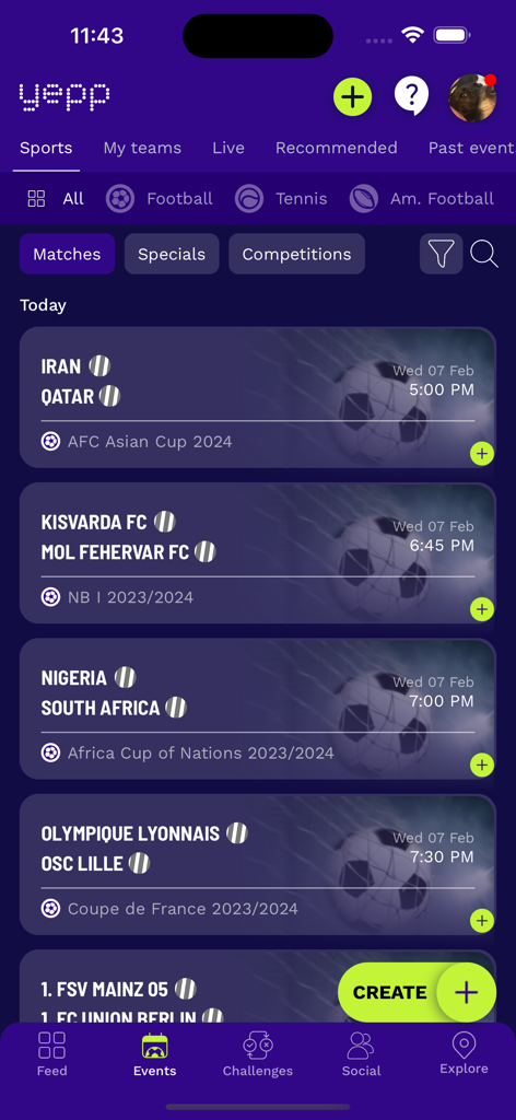 Yepp - Yepp mobile app interface displaying a list of today's sports matches for predictions