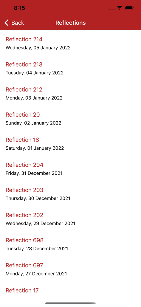 A list of daily reflections organized by date in the Catholic Daily Readings app