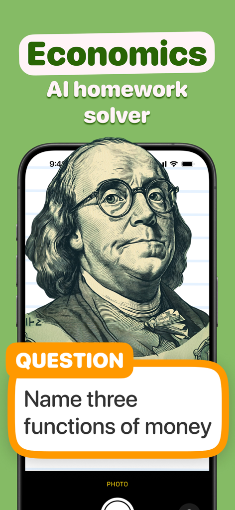 Economics AI app interface showing a homework question about functions of money with an image of Benjamin Franklin