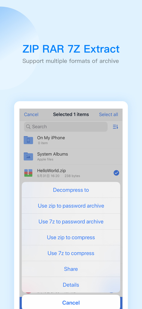 Interface do ES File Explorer mostrando opções de compressão e extração para arquivos zip e 7z