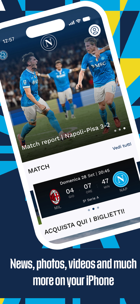 SSC Napoli - Official App - SSC Napoli Official App interface showing match reports and team news on an iPhone