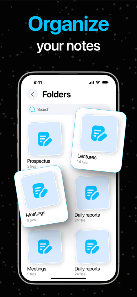 Fathom - AI Note Taker - Ein Screenshot der Fathom AI Note Taker-App, der organisierte Ordner für Vorlesungen, Besprechungen und tägliche Berichte zeigt.