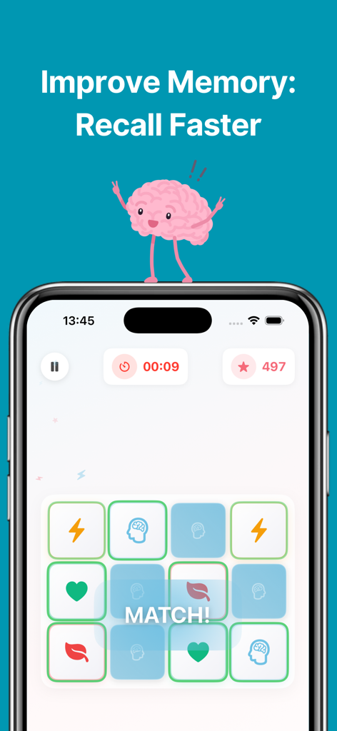 BrainFit Logic Puzzles & Focus - Écran du jeu d'association de mémoire de l'application BrainFit montrant des paires de tuiles et un cerveau cartoon