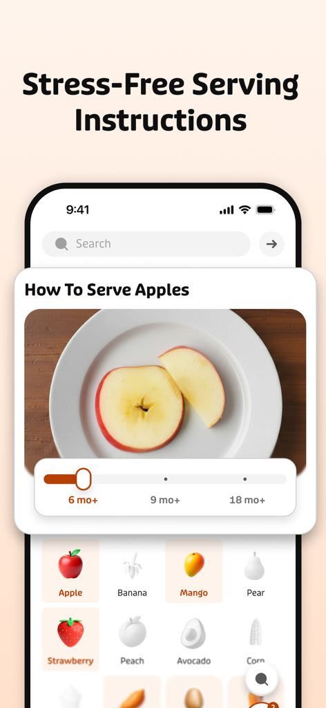 Tummi – Start Solid Foods - A screenshot of the Tummi app showing visual instructions on how to prepare and serve apples for a 6-month-old baby.